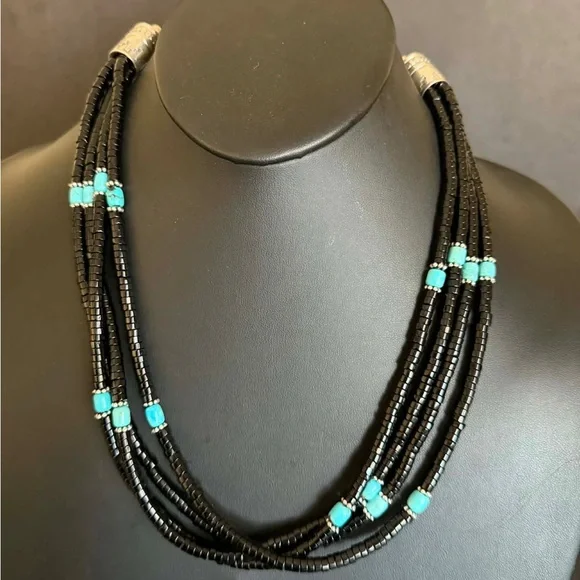 Sterling silver black onyx turquoise necklace 24 inch